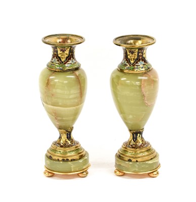 Lot 318 - A Pair of French Champleve Enamel-Mounted Onyx...