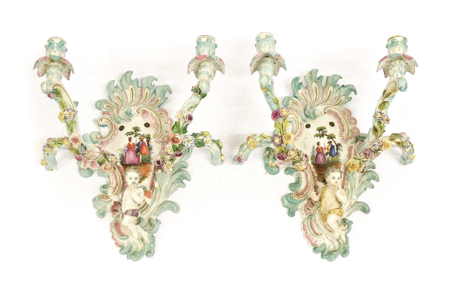 Lot 182 - A Pair of Meissen-Style Porcelain Twin-Light...