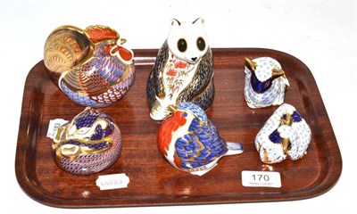 Lot 170 - Six Royal Crown Derby paperweights, comprising Robin, two sleeping lambs and a sheep all with...