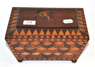 Lot 174 - Parquetry tea caddy, the cover inlaid with a Gladiator