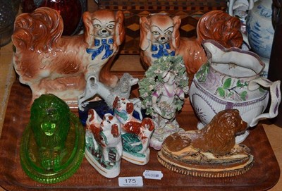 Lot 175 - Tray of glass and ceramics including pair of Staffordshire dog figures, a Derby style Arbour group