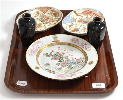 Lot 184 - A tray of Oriental items including pair of small cloisonne enamel vases, an 18th century...