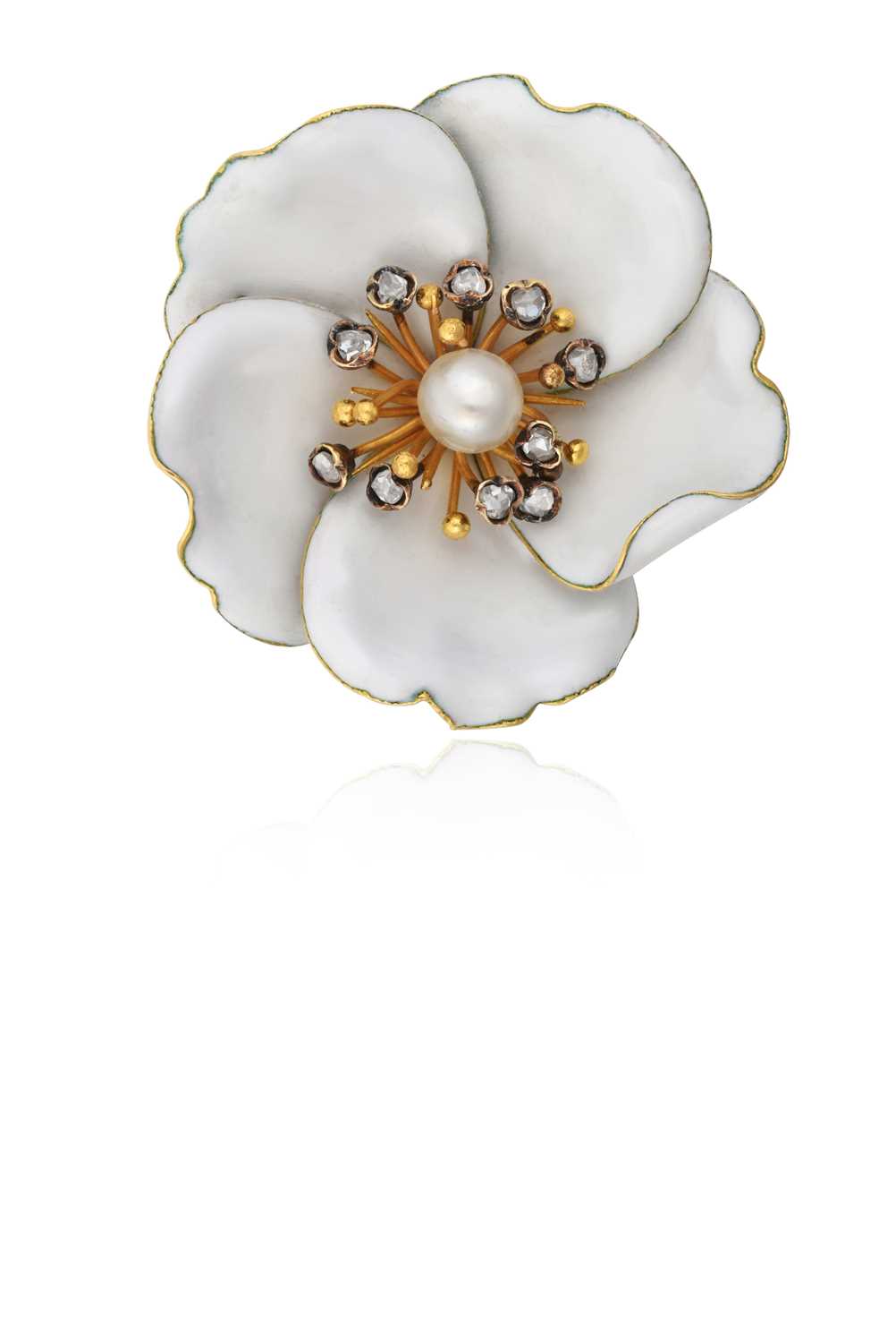 Lot 2157 - An Enamel, Cultured Pearl and Diamond Brooch...