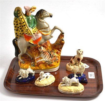 Lot 185 - A Staffordshire tiger hunt group (a.f.) and five small figures of animals