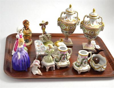 Lot 188 - A tray of decorative ceramics including a Royal Worcester figure Mary, a Royal Doulton figure Marie