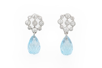 Lot 2330 - A Pair of Blue Topaz and Diamond Drop Earrings...