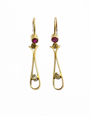 Lot 53 - A Pair of Synthetic Ruby and Diamond Drop...