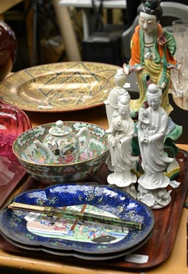 Lot 198 - A pair of Chinese canton enamel dishes (a.f.), a colour porcelain figure of Guanyin, four blanc...