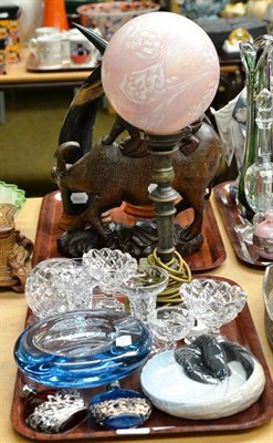 Lot 202 - A tray of decorative glass and ceramics including a Holmegaard blue glass bowl, cut glass...