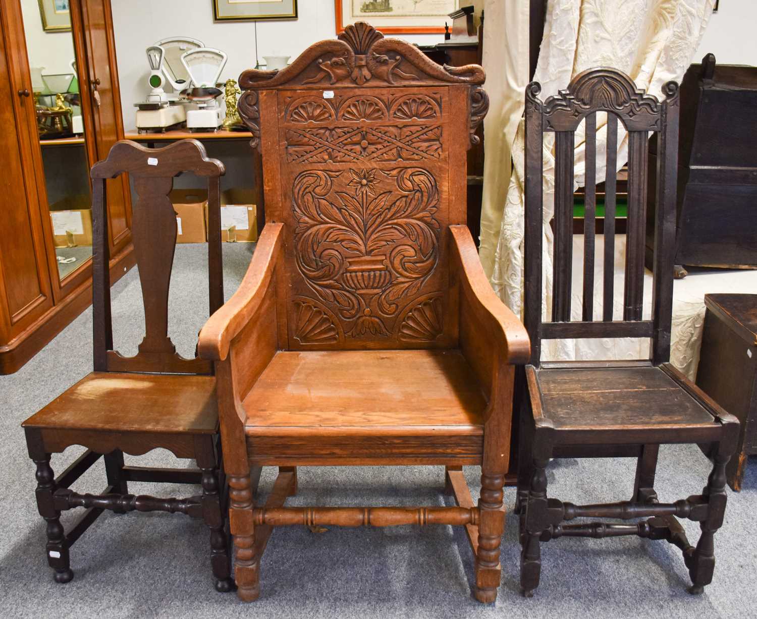 Lot 1232 - A 20th Century Carved Oak Wainscot Chair and...