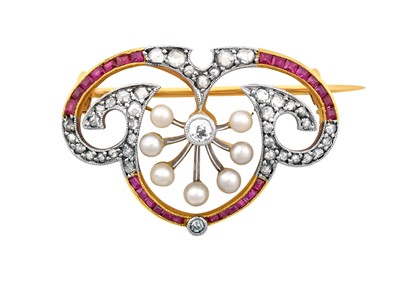 Lot 2161 - A Ruby, Diamond and Pearl Brooch an old cut...