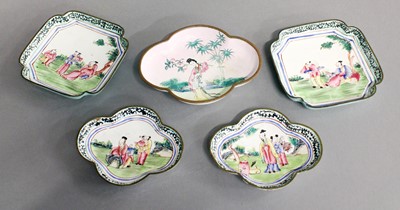 Lot 56 - A Pair of Cantonese Enamel Notched Square...