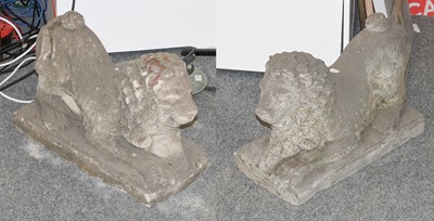 Lot 1197 - A Pair of Recumbent Garden Lions, 60cm long