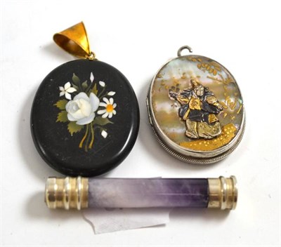 Lot 248 - A Blue John handle, a Victorian Ashford marble locket with floral motif and a Japanese white...