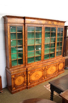 Lot 1405 - An Inlaid Burr Walnut Breakfront Bookcase, the...