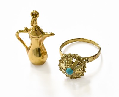 Lot 205 - A Turquoise Ring, stamped '14K', finger size Q;...