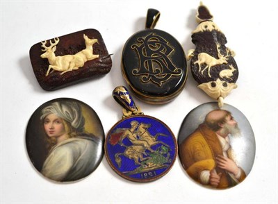 Lot 272 - Two painted porcelain plaques, a Victorian mourning locket and an enamelled crown pendant etc