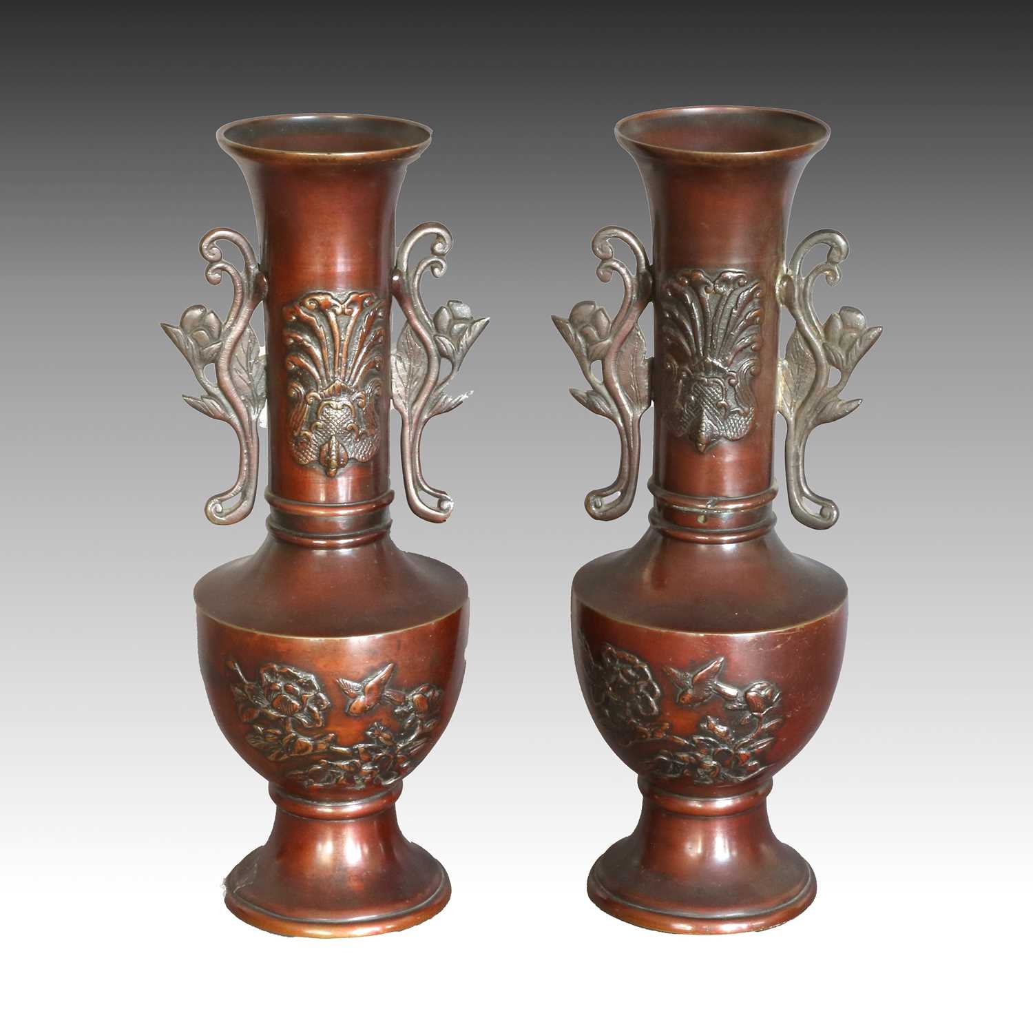 Lot 85 - A Pair of Japanese Bronze Twin-Handled Vases,...