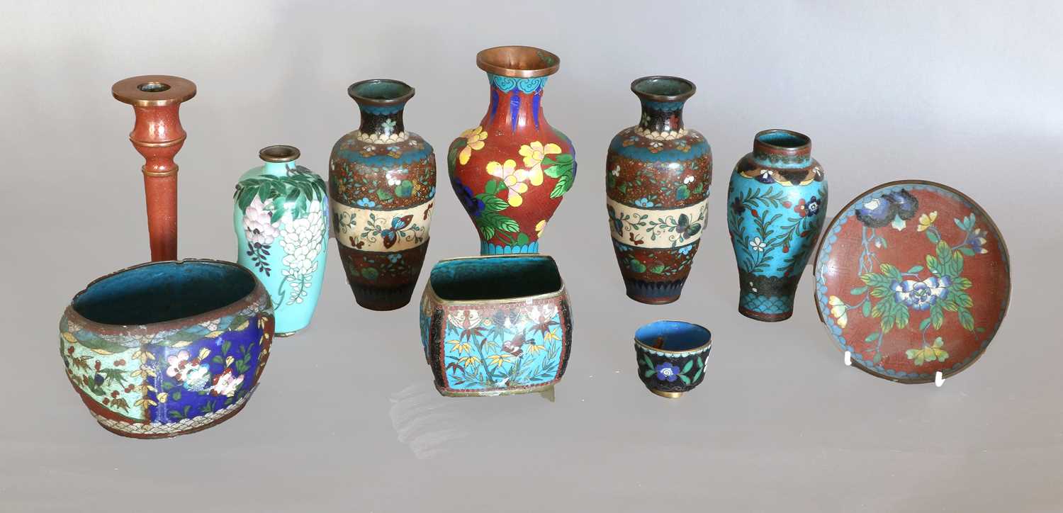 Lot 100 - A Pair of Japanese Cloisonne Enamel Vases,...