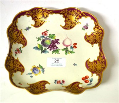 Lot 28 - A Worcester Porcelain Square Dessert Dish, circa 1770, of Hope Edwards type, painted with scattered