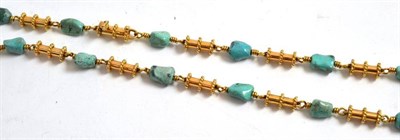 Lot 278 - A turquoise necklace, barrel shaped links with rope twist decoration spaced by turquoise...