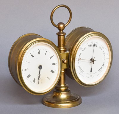 Lot 85 - A Brass Compendium Clock/Aneroid Barometer,...