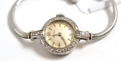 Lot 282 - A lady's 18ct white gold diamond set wristwatch, signed Vertex, 1959, lever movement, silvered dial