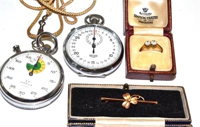 Lot 287 - Heuer stopwatch, Omega stopwatch, 9ct gold brooch and rolled gold paste set ring