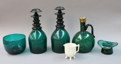 Lot 43 - Two Emerald Glass Triple Ring Decanters with...