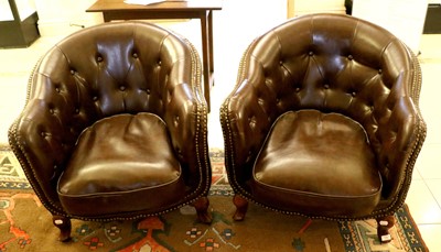 Lot 1327 - A Pair of Modern Buttoned Brown Leather Tub...