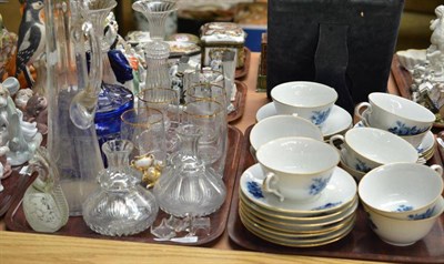 Lot 299 - Two trays of ceramics and glass including a French blue rose decorated part breakfast service,...