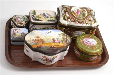 Lot 301 - Six various Continental porcelain and enamel boxes and covers painted with figures in...