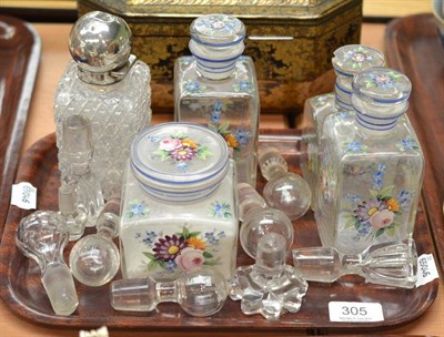 Lot 305 - A hobnail cut glass scent bottle and stopper with silver hinged cover, a set of four flower painted