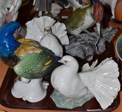 Lot 310 - Four Rosenthal figures of birds comprising a pair of doves, a macaw and a green woodpecker