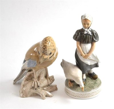 Lot 311 - A Royal Copenhagen figure group of a girl and goose (a.f.) and a Royal Copenhagen figure of a jay