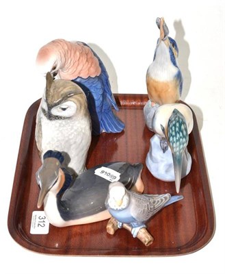 Lot 312 - Six Royal Copenhagen figures of birds comprising two kingfishers, an owl, a budgerigar, a...