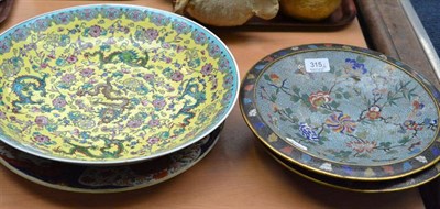 Lot 315 - Japanese Imari small charger, a Chinese yellow ground charger and a pair of Chinese cloisonne...