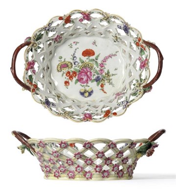 Lot 32 - A First Period Worcester Porcelain Yellow Ground Oval Basket, circa 1770, painted in colours with a
