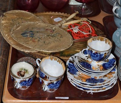 Lot 318 - Russian blue bird decorated tea wares, 18th century oval and silk work picture (a.f.), two...