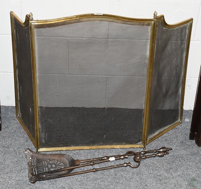 Lot 1282 - A Three-Fold Brass Fire Screen and Fire Irons (2)