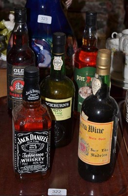 Lot 322 - A bottle of Jack Daniels, a bottle of Port Dhubb whisky and three other bottles