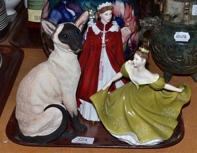 Lot 324 - Border Fine Arts Siamese cat, Royal Worcester figure and a Royal Doulton dancing lady, with boxes