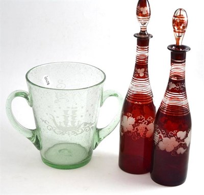 Lot 327 - Pair of ruby flashed decanters and a glass vase