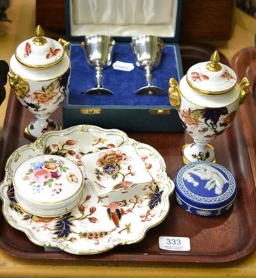 Lot 333 - A pair of silver chalices; a 19th century Wedgwood jasperware box and cover; a pair of Coalport...