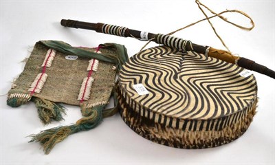 Lot 335 - Zulu bull whip, small drum and an African bag