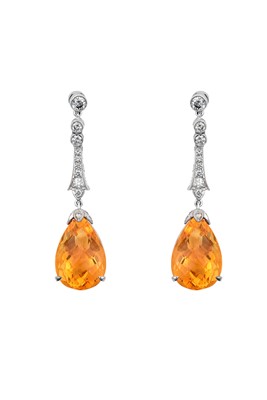 Lot 2140 - A Pair of Citrine and Diamond Drop Earrings a...