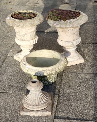 Lot 1148 - A Pair of Composition Garden Urns, of campana...