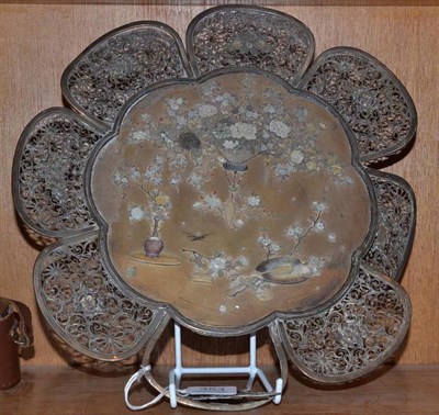 Lot 353 - Japanese shibyama dish with silver filigree lobed border