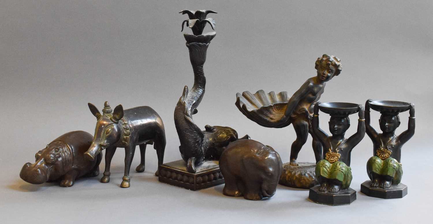 Lot 250 - A Bronzed Dolphin Form Candlestick, A...