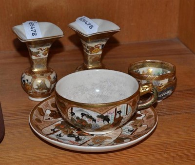 Lot 357 - Pair of satsuma vases, pairs of small satsuma bowls and a cup and saucer